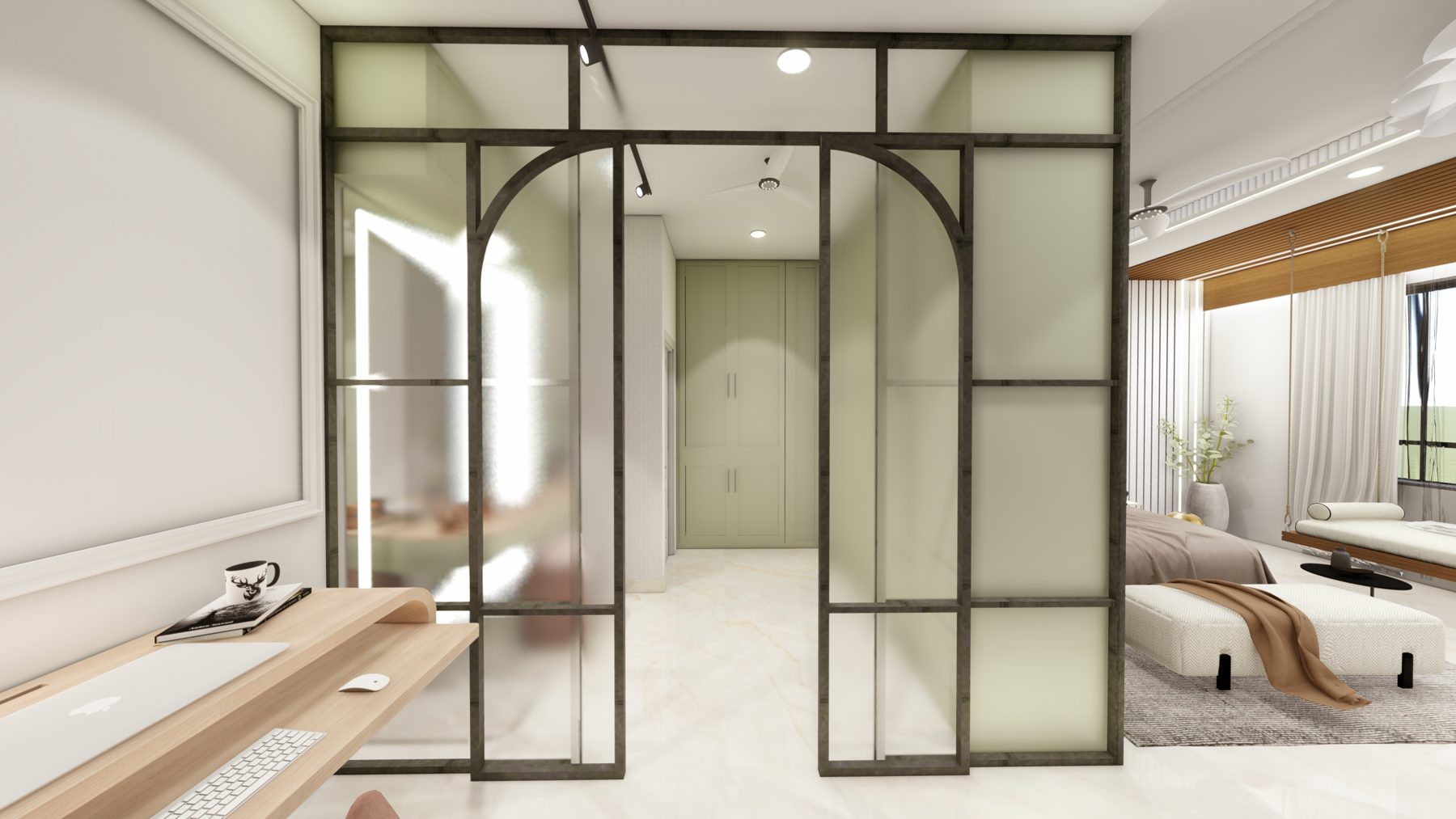 Chaurasia's Residence render — arched glass partition to the dressing area