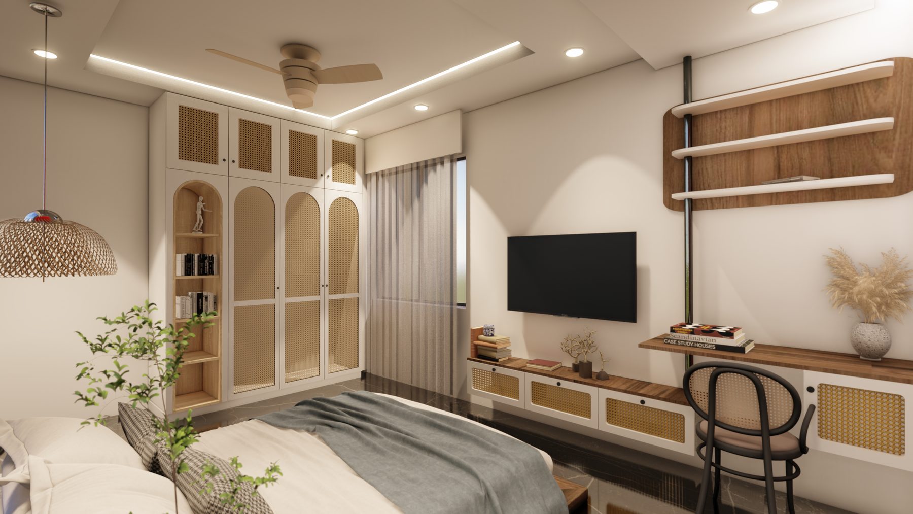 Render — cane-arched wardrobe and study desk