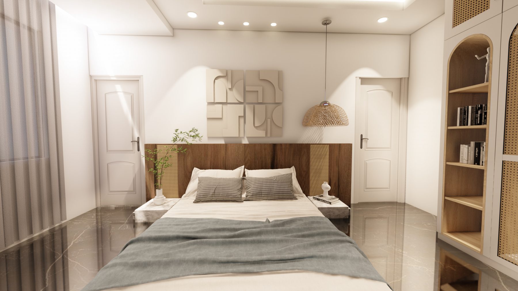 Render — bedroom with walnut and cane headboard